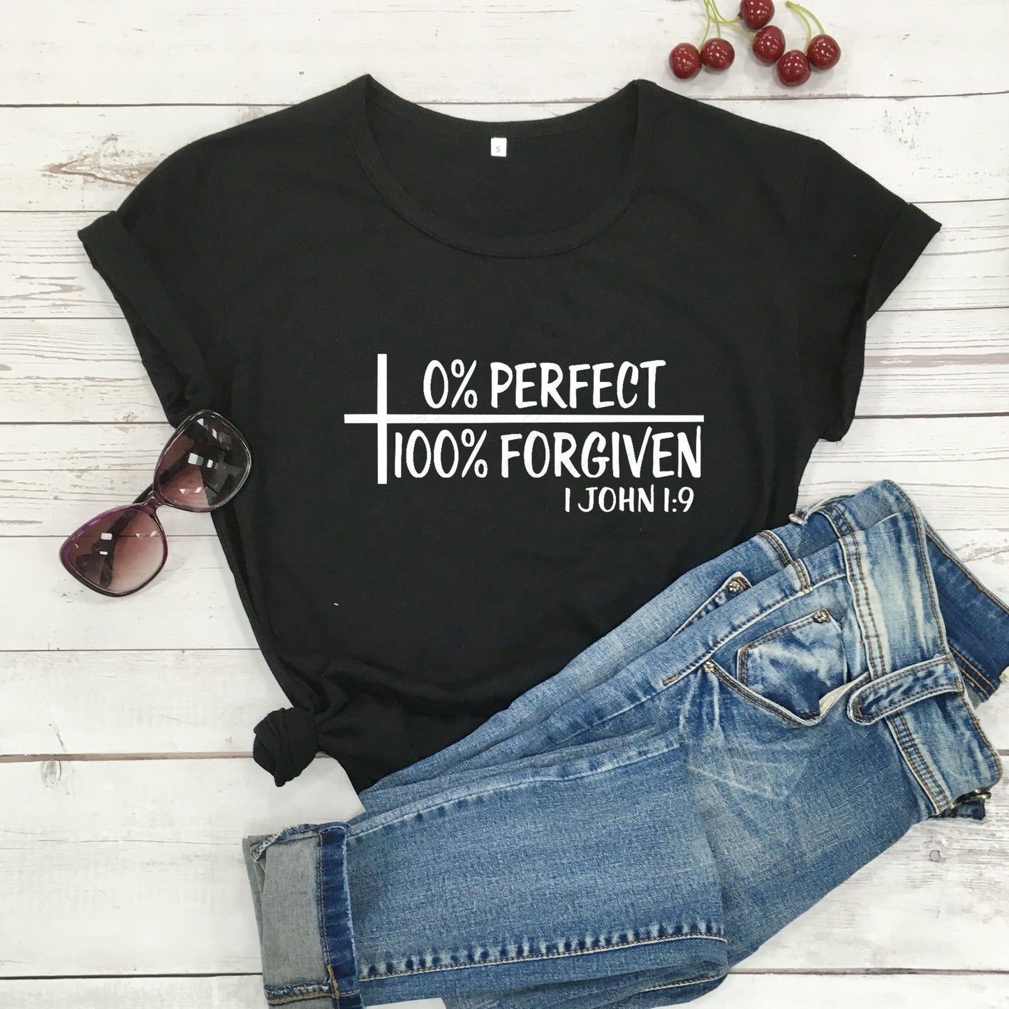 0% perfect 100% forgiven Bible Verse Christian Symbols cross Forgiven t shirt women fashion slogan tee vintage graphic top M008