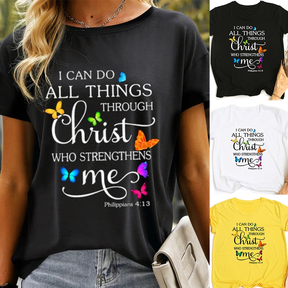 Butterfly I Can Do All Things Philippians Women Aesthetic Graphic T Shirts Casual Christian Jesus Female Short Sleeve Tees Mujer