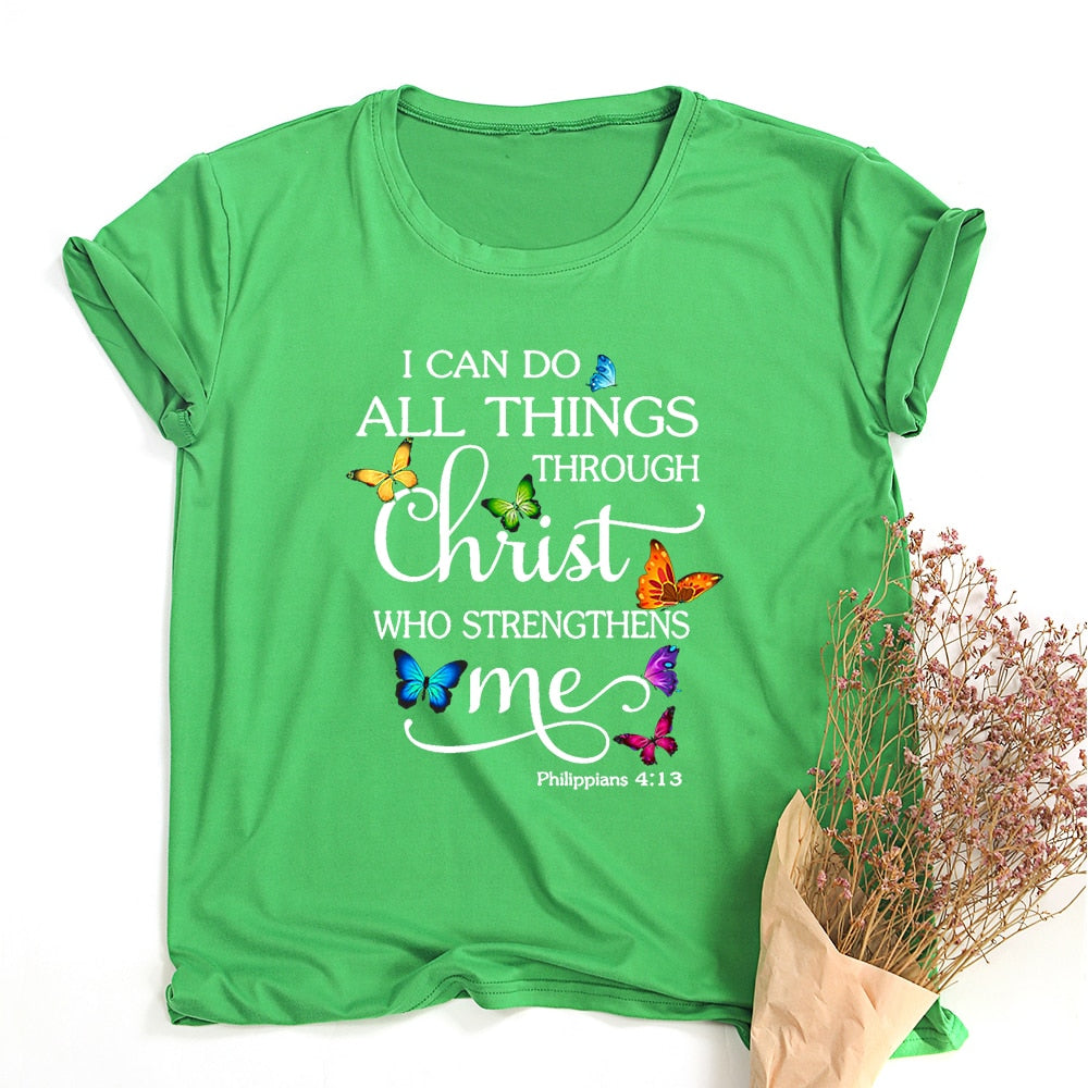 Butterfly I Can Do All Things Philippians Women Aesthetic Graphic T Shirts Casual Christian Jesus Female Short Sleeve Tees Mujer