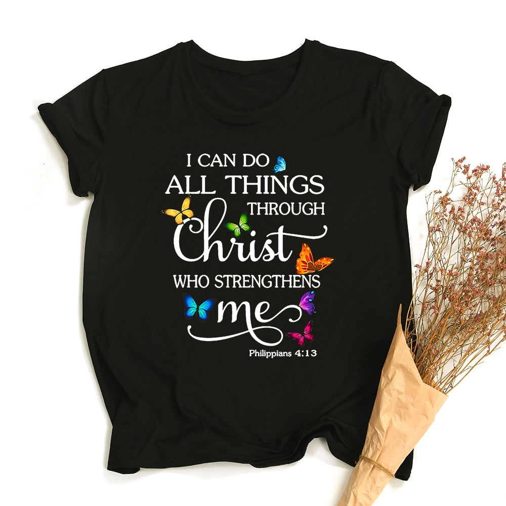 Butterfly I Can Do All Things Philippians Women Aesthetic Graphic T Shirts Casual Christian Jesus Female Short Sleeve Tees Mujer