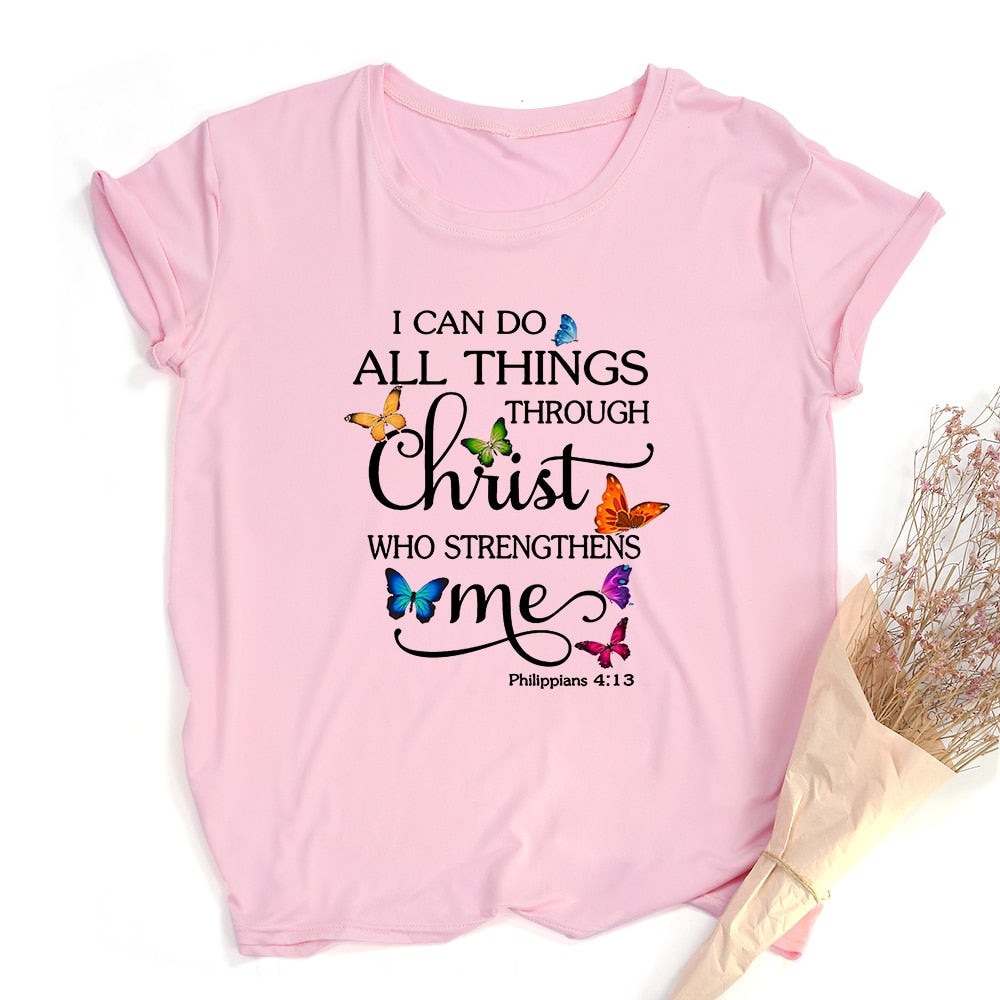 Butterfly I Can Do All Things Philippians Women Aesthetic Graphic T Shirts Casual Christian Jesus Female Short Sleeve Tees Mujer